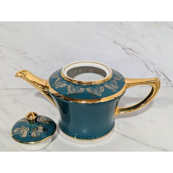 Hall Vintage 6 Cup Teal/Green Tea Pots Gold Accent - Picture 2 of 10